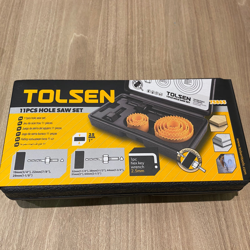 Tolsen 75865, 11 pcs Wood Hole Saw Set | Sizes: 19mm - 64mm | Includes Case